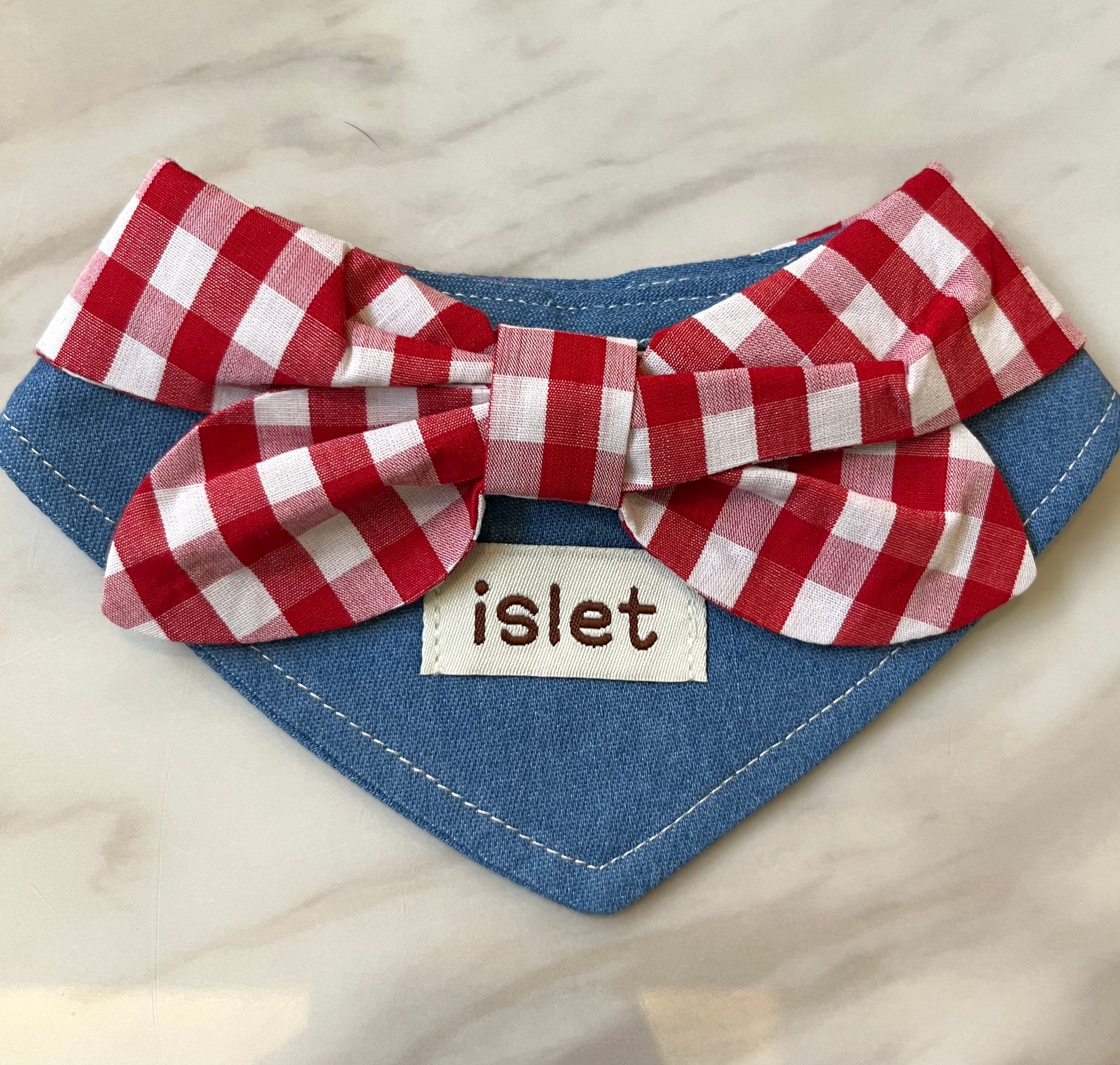 denim bib with red plaid pattern